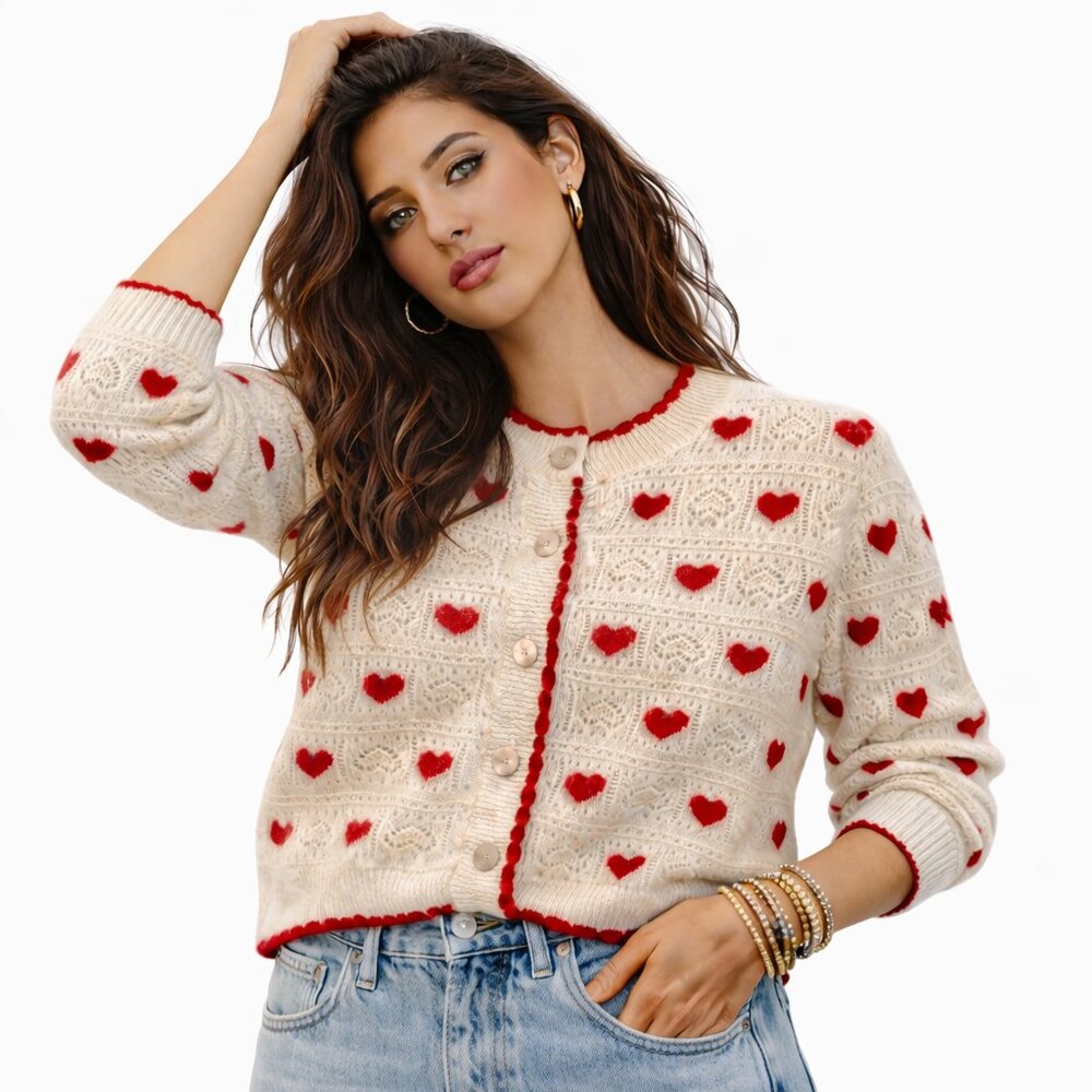 Jessica Simpson Heart Pointelle Scalloped Cardigan XS Cream Red Valentine's Day
